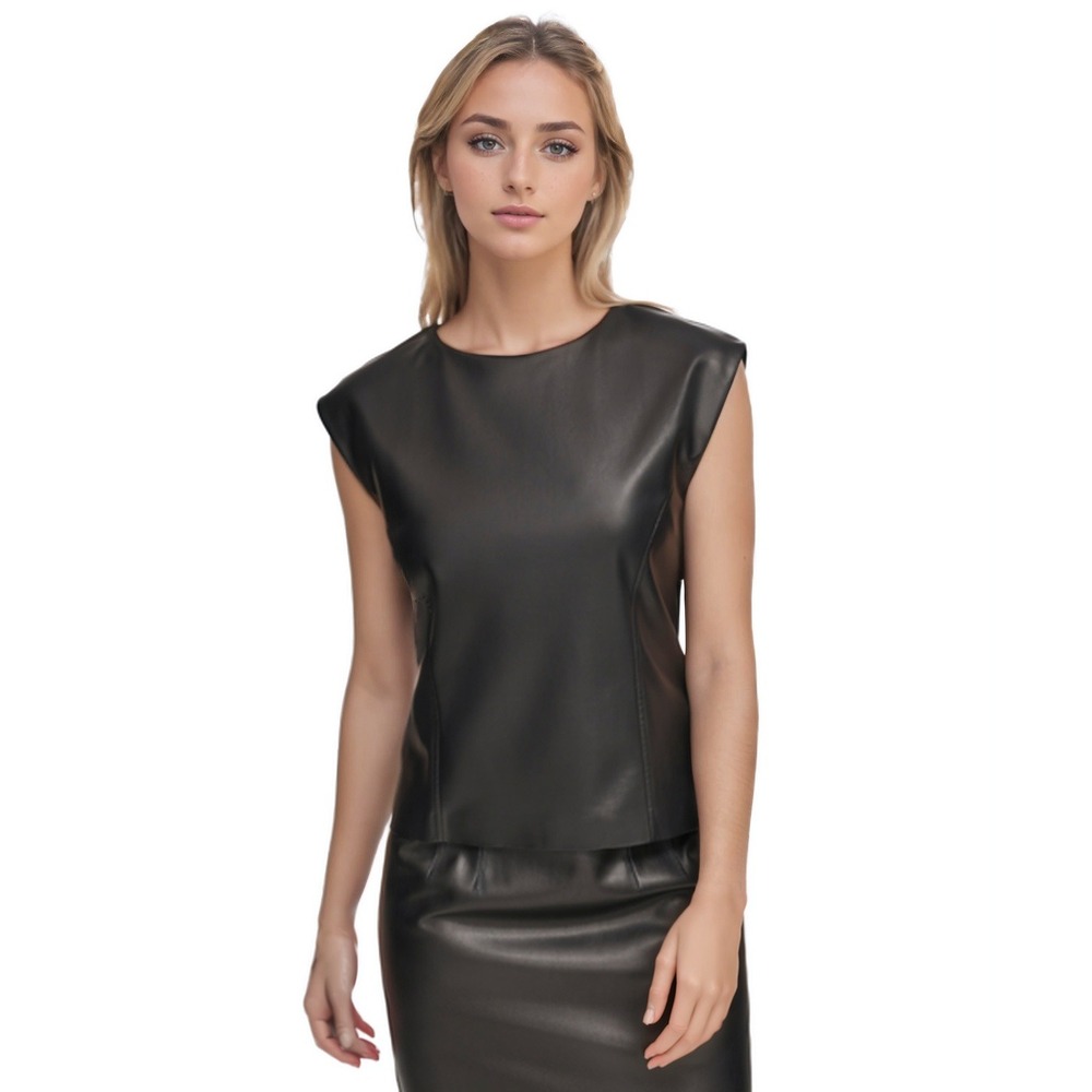 Calvin‎ Klein Tank Top Womens 2 Black Faux Leather Sleeveless Modern Essentials